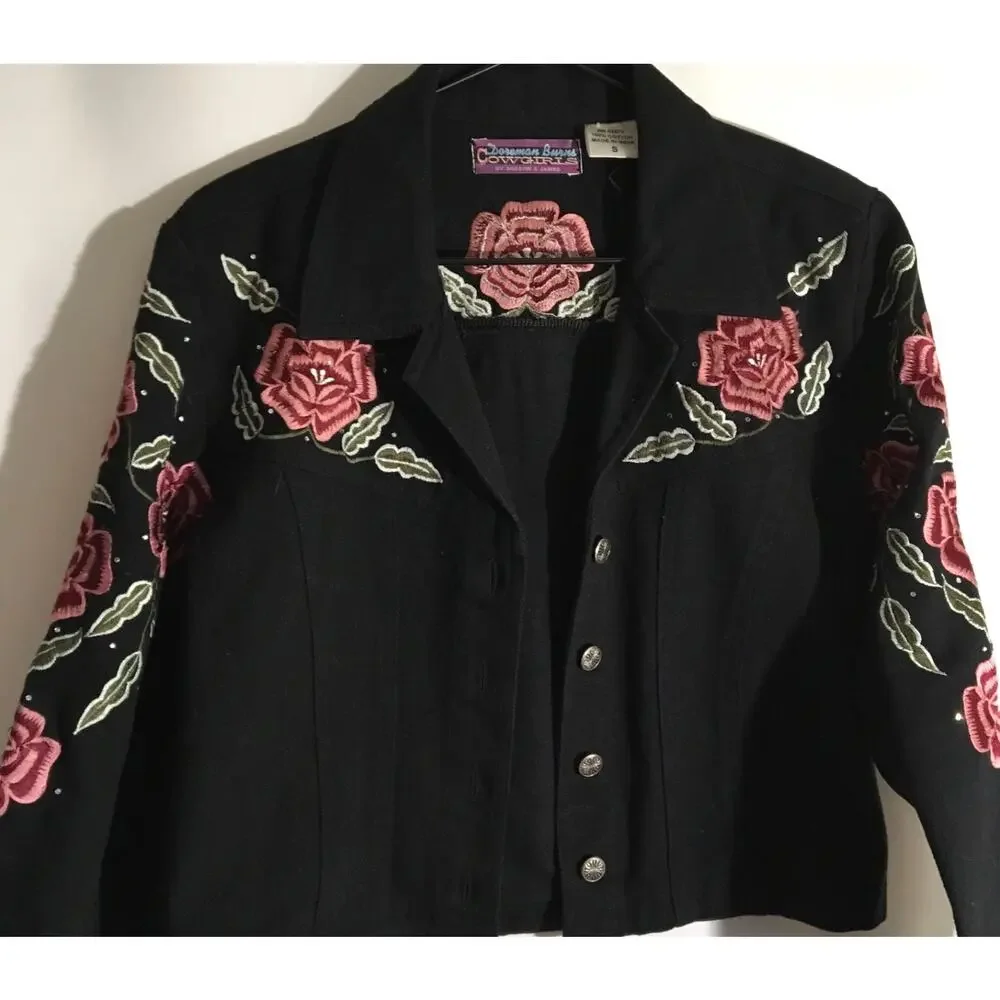 Doreman Burns Cowgirls Black Denim Fringe Floral Embroidered Western Jacket Sz S - Picture 3 of 6